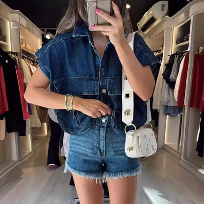 🍒Women's summer cropped shirt sleeveless blouse top ladies elegant with large pockets vintage style chic casual solid summer clothing high end cardigan denim top Pocket This Crop