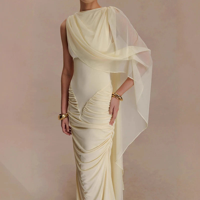 🍒Mesh draped dress solid color outfits o/neck high waist chiffon evening gowns occasion wear maxi shawl dress  Rome-mantic