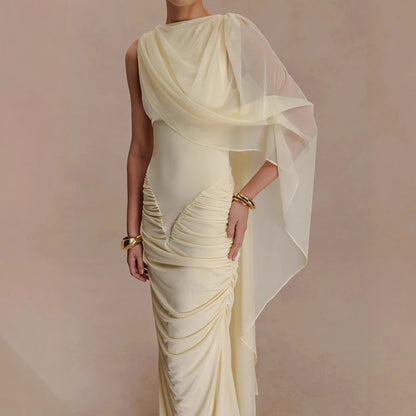 🍒Mesh draped dress solid color outfits o/neck high waist chiffon evening gowns occasion wear maxi shawl dress  Rome-mantic