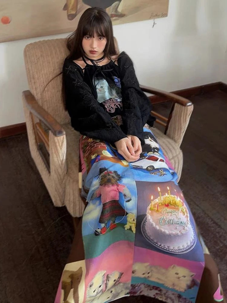 🍒Cartoon maxi skirt high waist long design aesthetics printed clothes for women spring summer fashion cute vintage style smart casual clothing Get Blown Away With This Candle Cake skirt