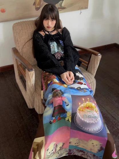 🍒Cartoon maxi skirt high waist long design aesthetics printed clothes for women spring summer fashion cute vintage style smart casual clothing Get Blown Away With This Candle Cake skirt