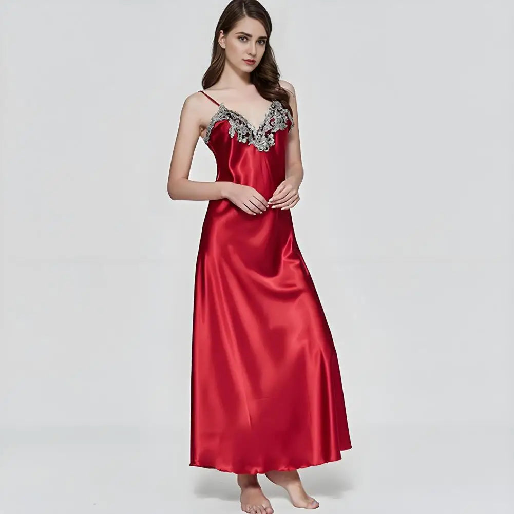 🍒Satin sleepwear for women house sleepwear dress gown wth spaghetti strap loose lingerie lace trim nightwear elegant maxi sleepwear chemise nightdress with v neck front and back Luxurate Lovely Lingerie Luxurate