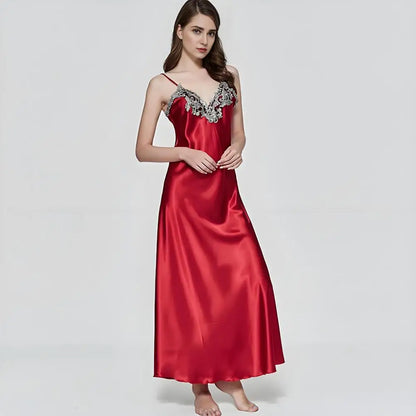 🍒Satin sleepwear for women house sleepwear dress gown wth spaghetti strap loose lingerie lace trim nightwear elegant maxi sleepwear chemise nightdress with v neck front and back Luxurate Lovely Lingerie Luxurate