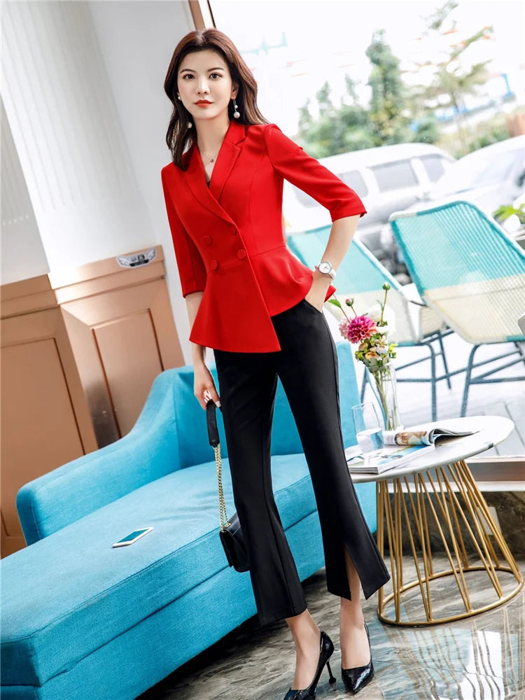 🍒Red 2 piece womens suit fashion skirt set business wear office workwear light blazers for women half sleeve top and mini skirt Berry Beautiful