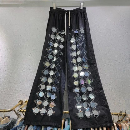 🍒Denim shirt big sequin Jacket plaid tops occasion partywear and matching high waist wide legs denim pants two piece sets women Dynamic Denim