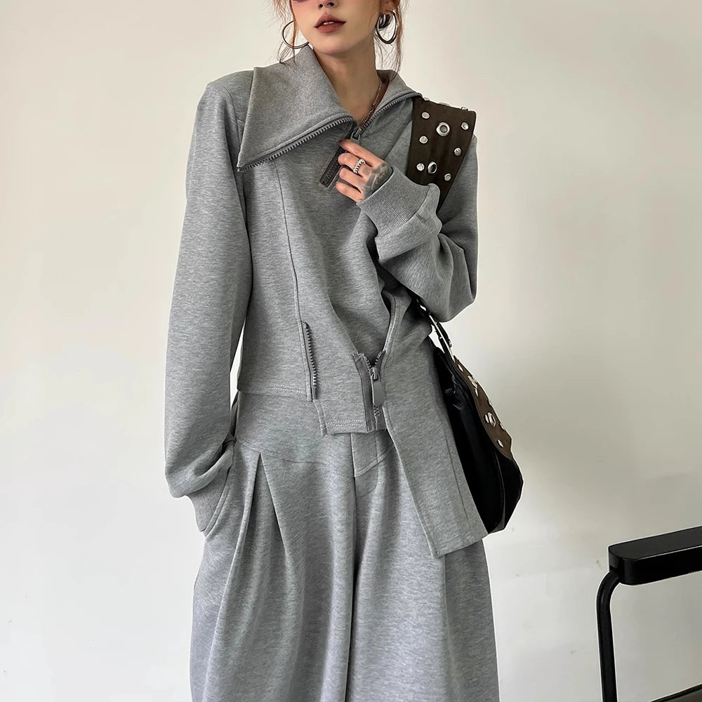 🍒 Solid two piece set smart casual clothing for women cool chic high neck jacket long sleeve zipper top and high waist wide leg pants set female fashion wears Fun Fashion flares