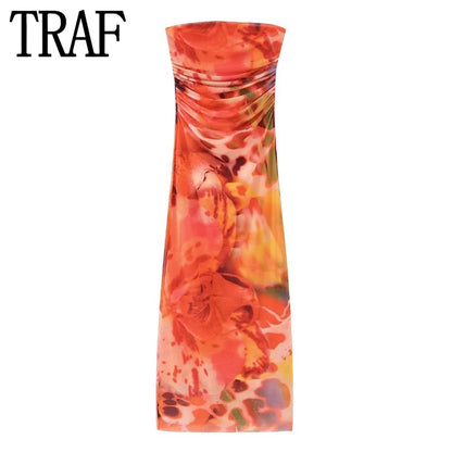 🍒Shoulderless corset dress long printed outfit for women ruched midi summer dress mesh bodycon fill Up On Full flower Fashion
