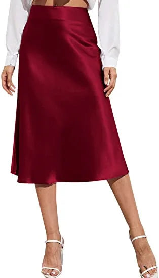 🍒Satin high waist midi skirt solid color a line skirt silky elegant fashion party wear smart casual clothing for women Shine In Satin