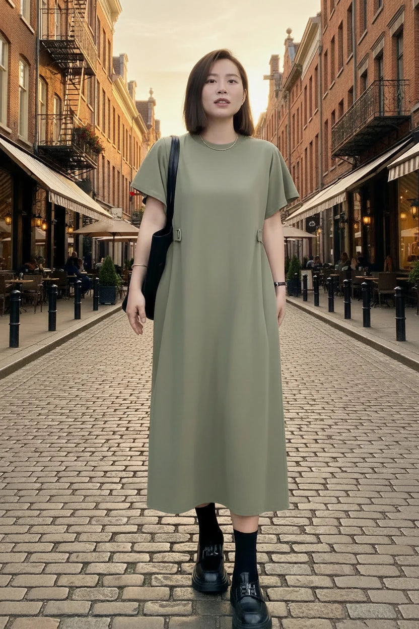 🍒Relaxed fit women’s dress with side pockets lazy style short sleeve outfit for summer loose slimming round neck dress with pockets and button waist tabs a-line plus size fashion  Longline Loosy Love