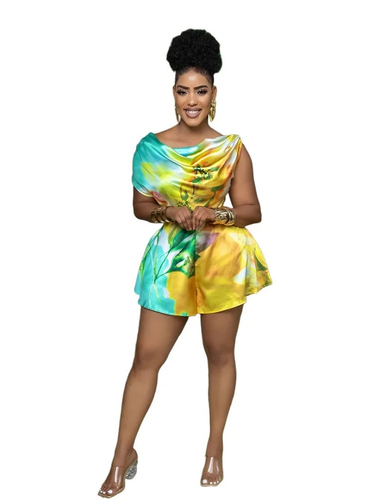 🍒 Shorts Jumpsuit loose printed sleeveless romper women  with tie waist colourful summer fashion female casual clothes Jump Into A Colourful Suit