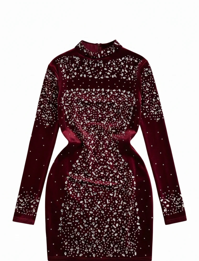 🍒Bodycon o-neck long sleeve dress glitter rhinestone outfit velvet chic vintage style clothing chic autumn fall fashion party occasion wear Get Wine Stoned