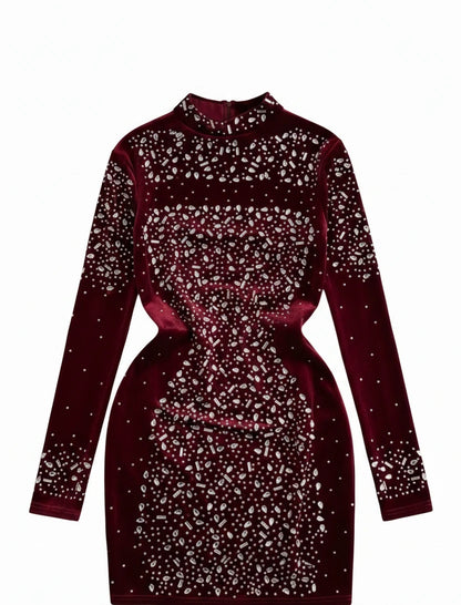 🍒Bodycon o-neck long sleeve dress glitter rhinestone outfit velvet chic vintage style clothing chic autumn fall fashion party occasion wear Get Wine Stoned