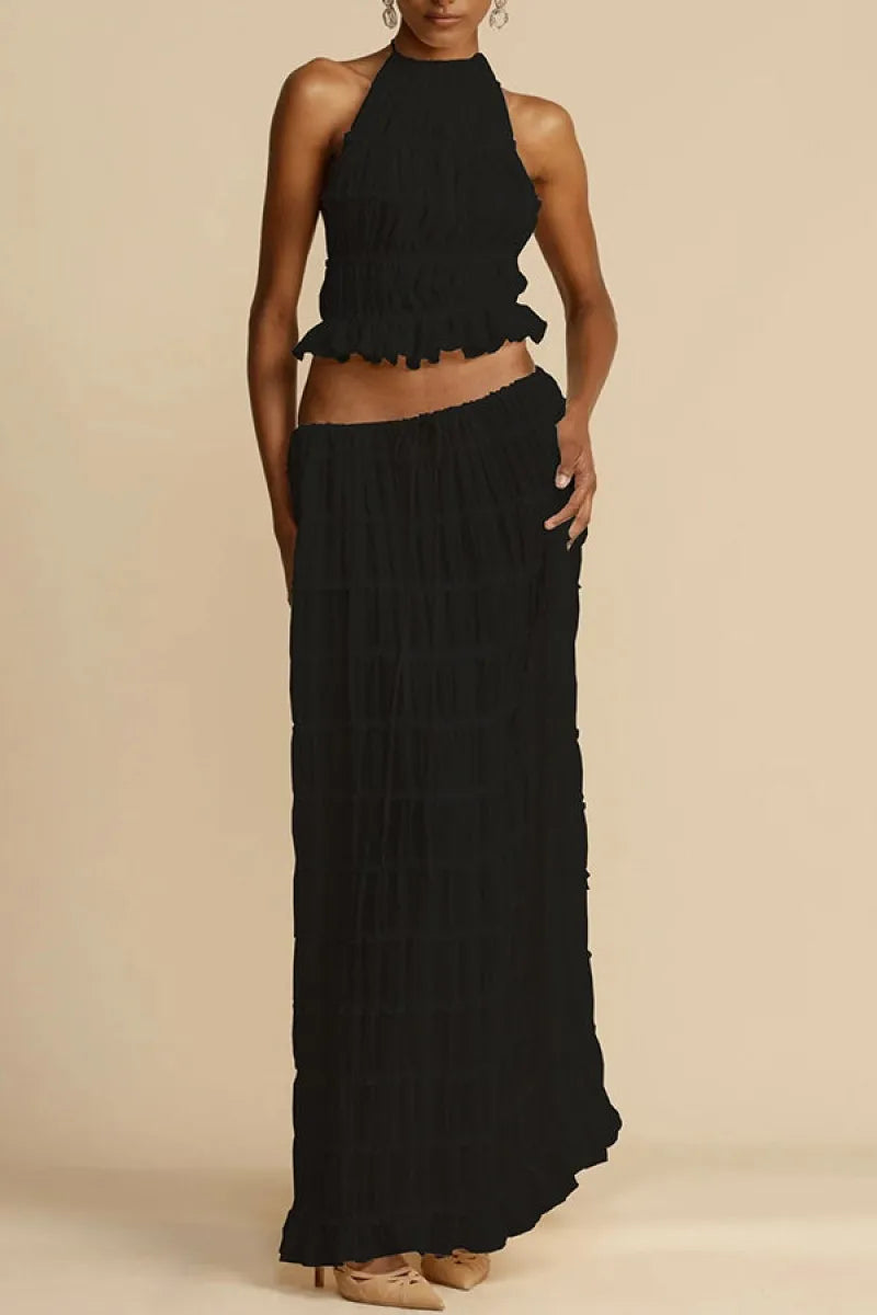 🍒Casual outfit long skirt maxi and sleeveless backless tops for women high waisted long straight skirt beach chic suit  Lovely Ruchie Rufflie