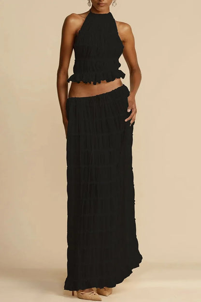 🍒Casual outfit long skirt maxi and sleeveless backless tops for women high waisted long straight skirt beach chic suit  Lovely Ruchie Rufflie