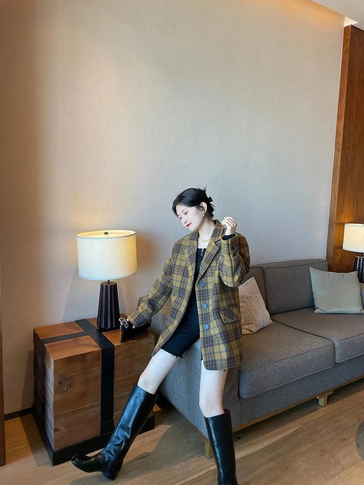 🍒Womens brown blazer vintage wool plaid Jacket autumn winter british style trendy eye catching yellow check coat long sleeve female smart casual clothing Chunky Check Charm