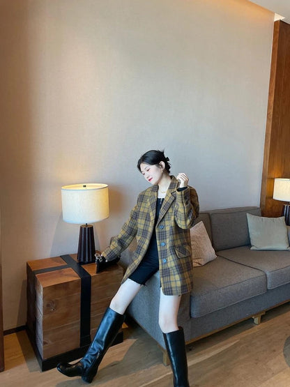 🍒Womens brown blazer vintage wool plaid Jacket autumn winter british style trendy eye catching yellow check coat long sleeve female smart casual clothing Chunky Check Charm