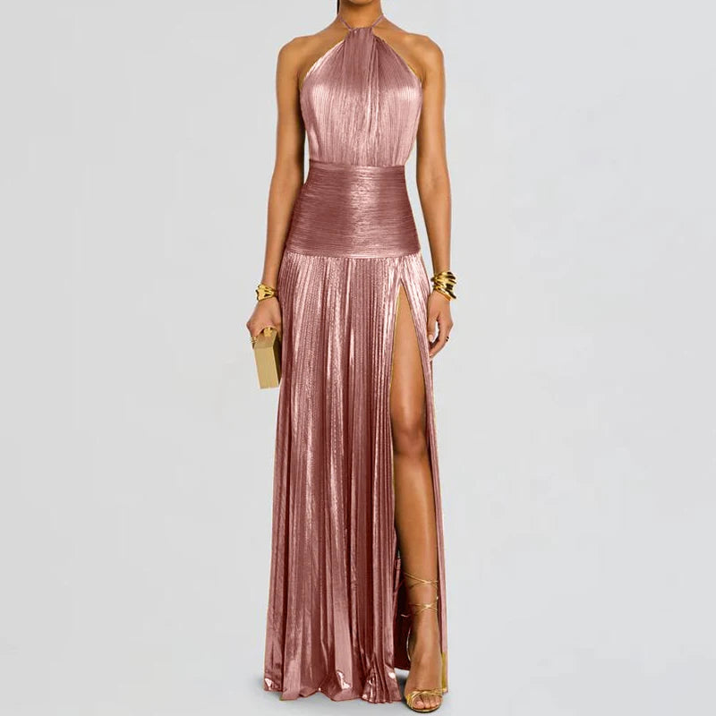 🍒Backless solid evening dress holiday party outfits halter elegant pleated maxi dress high street ladies fashion party occasion wear