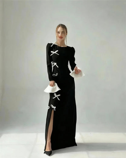 🍒Black evening dresses long flared sleeves side slit outfit party evening gown with bows maxi occasion dress black and white Walk Your Pretty Side