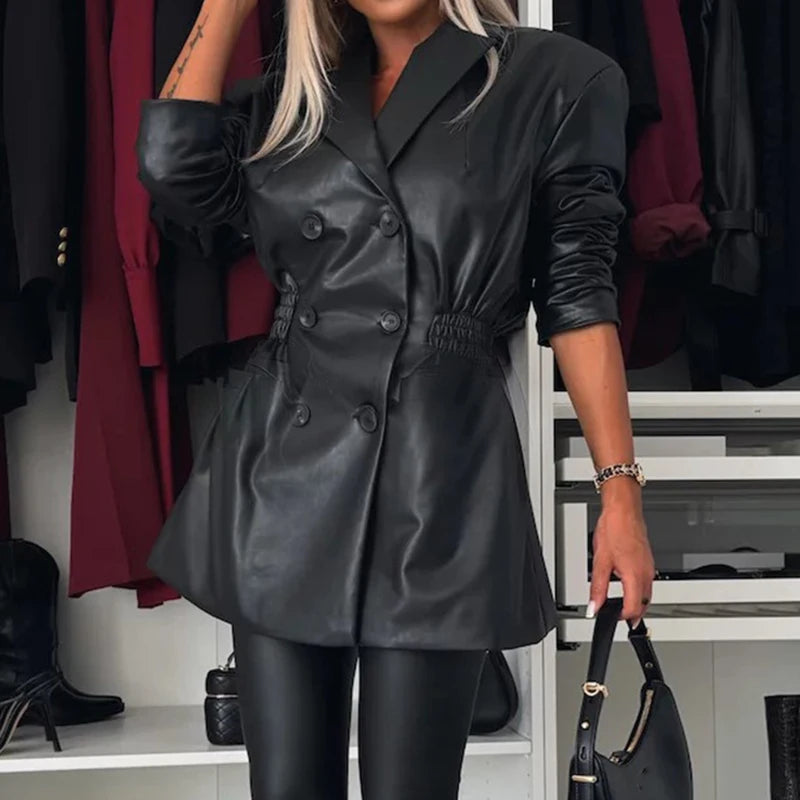 🍒Long sleeve faux leather mini  dress elastic waist retro double breasted outfit occasion trendy office wear clothing smart casual clothes women Life Leather