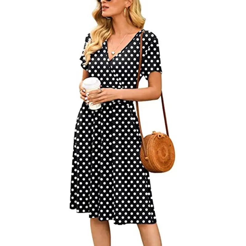 🍒Printed v-neck a-line short sleeve dress floral with high waist over knee outfits for summer womens fashion clothing beachwear holiday clothing A Bunch Of Beautiful Florals