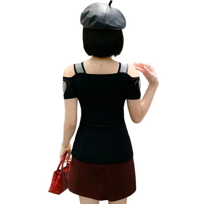 🍒Streetwear chic Heart Shaped top diamond t-shirt off shoulder black tee women summer short sleeve mesh tops SEQ And w 'UIN This Heart