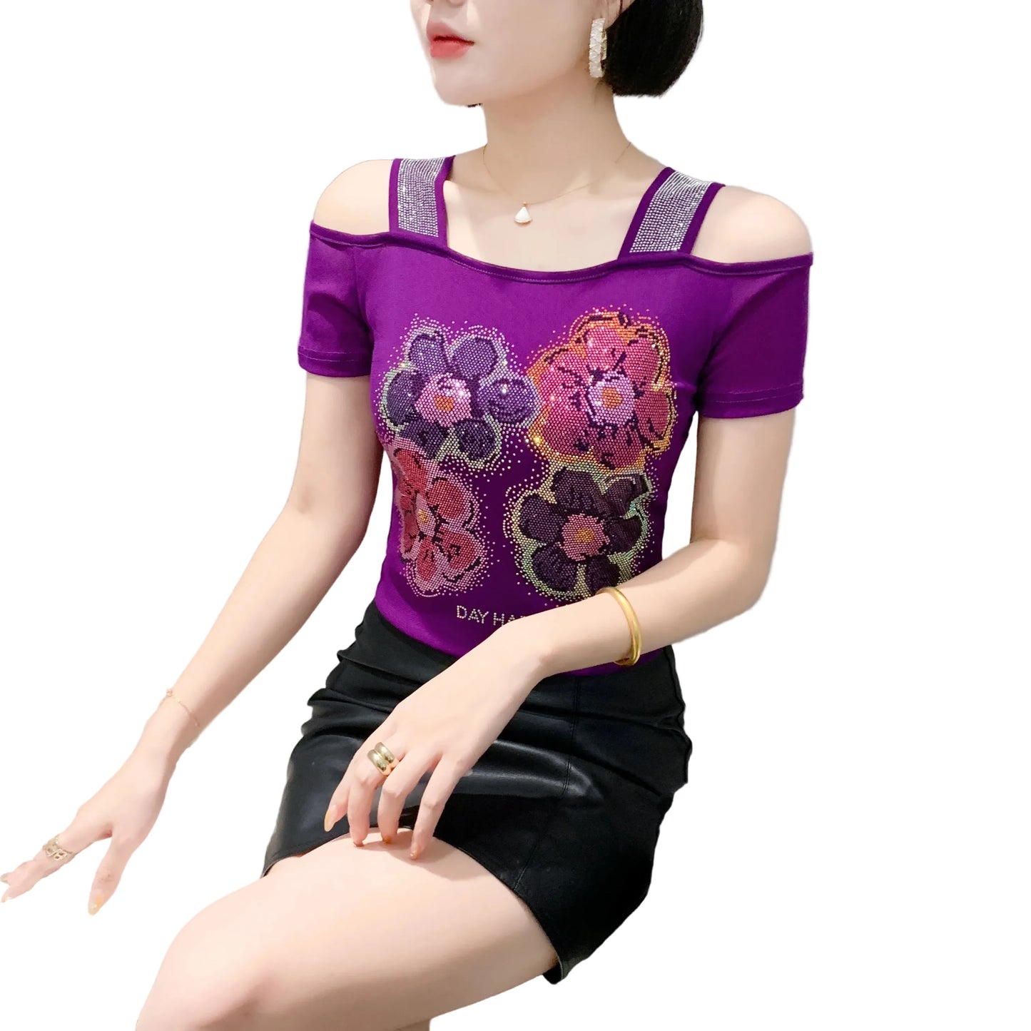 🍒Streetwear chic Heart Shaped top diamond t-shirt off shoulder black tee women summer short sleeve mesh tops SEQ And w 'UIN This Heart