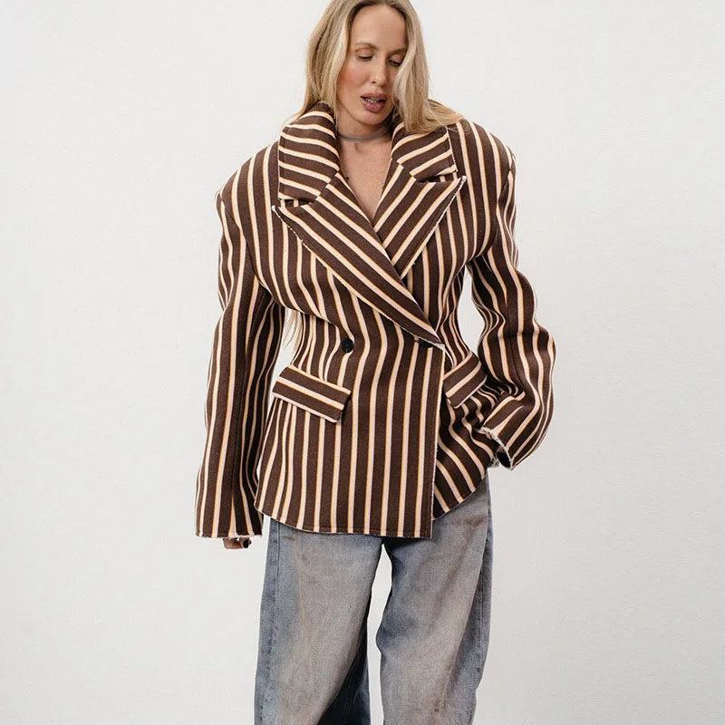 🍒Striped print blazer women's full Sleeve jacket with notched lapel collar double breasted spring coat fashion wear office clothing   Look Chocolate In Orange