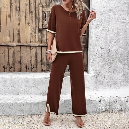🍒Two piece women's clothing spring summer fashion knitted casual top short sleeve and wide-leg pants matching set Suit LINE Up For This EDGEy Set