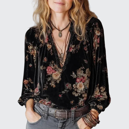 🍒Velvet printed top retro pullover top women's vintage blouse v-neck black long sleeved shirt women gold vacation clothing  Pick This Soft Velvet Rose