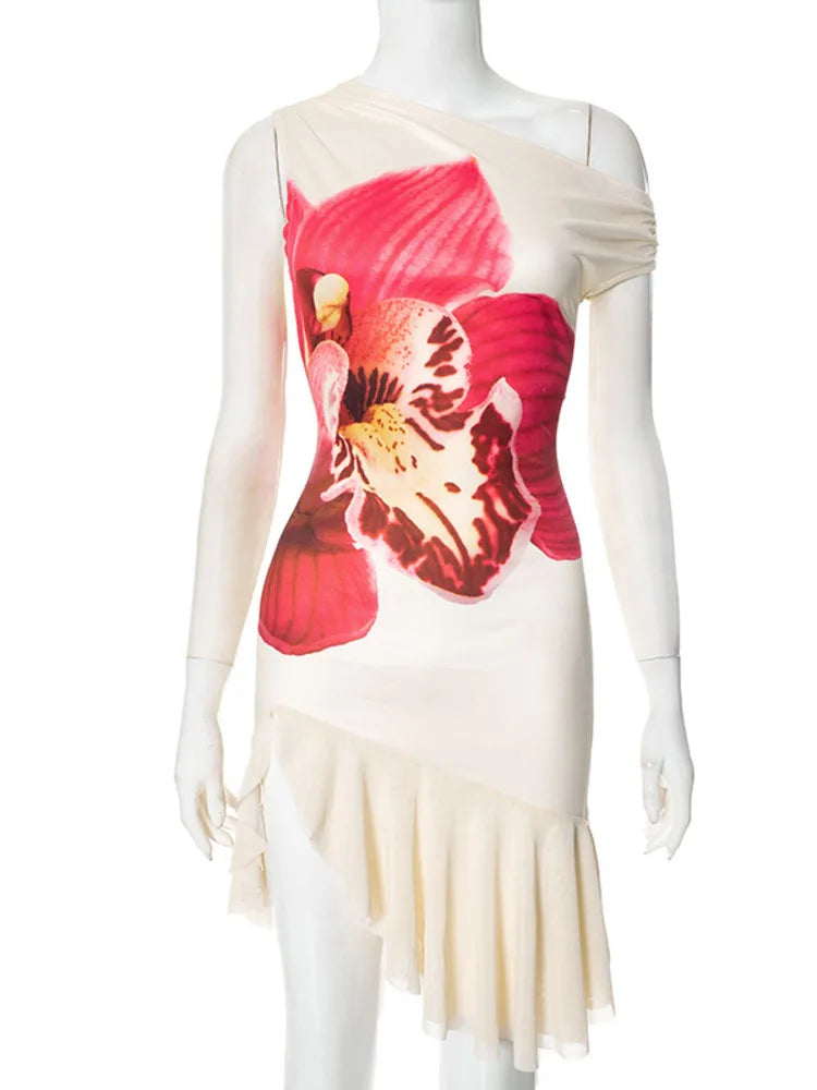 🍒Ruffled printed mini dress off shoulder design sleeveless outfit high waist occasion party wear holiday clothing Print Your Style Foral