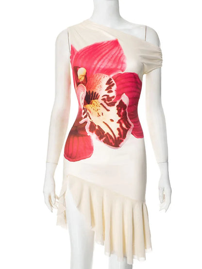 🍒Ruffled printed mini dress off shoulder design sleeveless outfit high waist occasion party wear holiday clothing Print Your Style Foral
