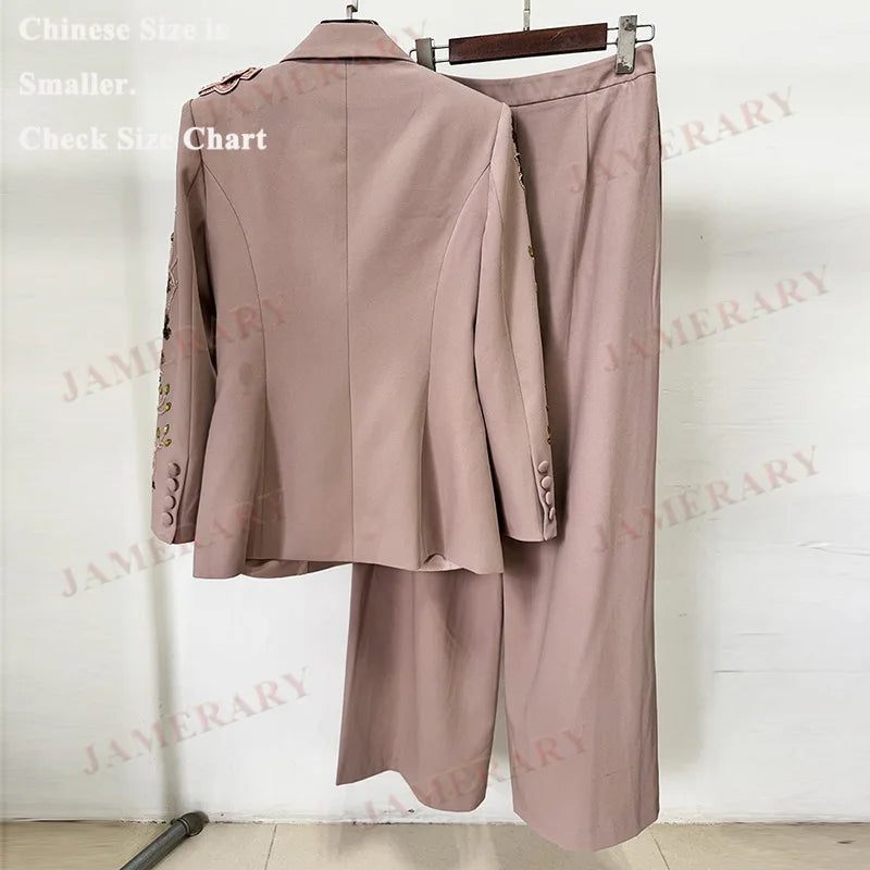 🍒Luxury two piece set womens blazer suit coat beaded 3D flower Jacket plus long wide leg pants suit crystal formal outfits party occasion clothing Don A Diva 3D