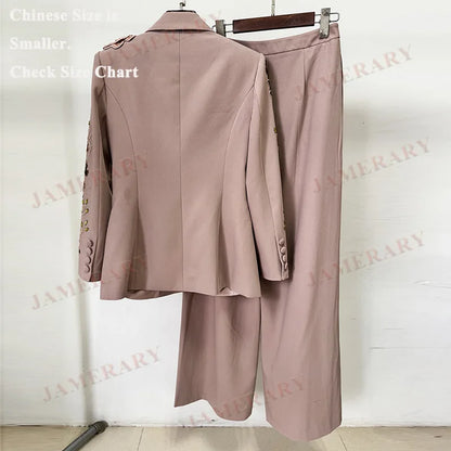 🍒Luxury two piece set womens blazer suit coat beaded 3D flower Jacket plus long wide leg pants suit crystal formal outfits party occasion clothing Don A Diva 3D