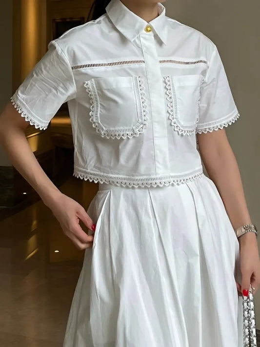 🍒Summer shirt for women smart casual wear beading short sleeve crop top button up shirt beach party wear summer party wear holiday clothes (matching skirt also available) White Their When You Need It