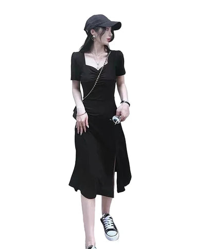 🍒black dresses midi fashion trendy Y2k aesthetic summer wear sweet heart kneck outfit evening party wear smart casual women clothing Be A Sweet Heart To Yourself And Buy This