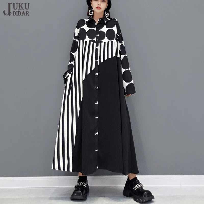 🍒Long sleeve loose fit shirt dress plus size woman black outfit with Dots striped fashion printed large smart casual dresses Spot The Stripes