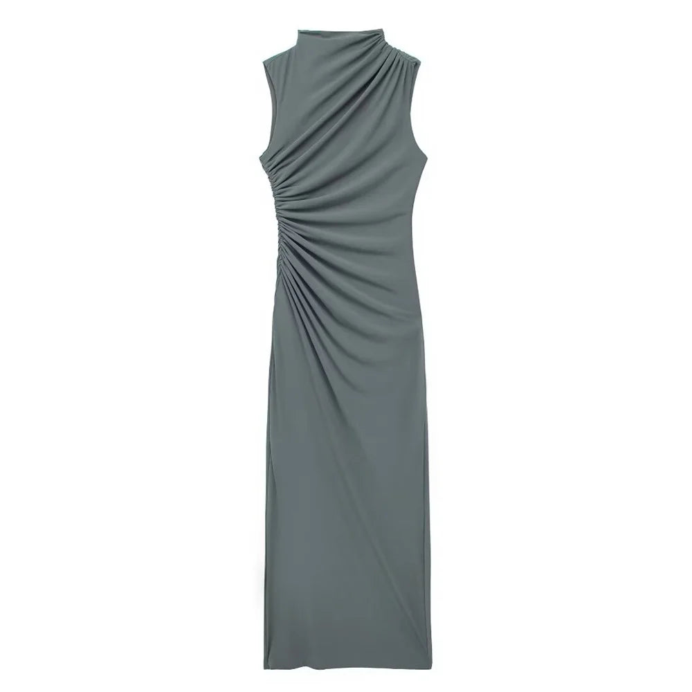 🍒Summer women's fashion solid colour ruched dress party occasion clothing midaxi outfit sleeveless