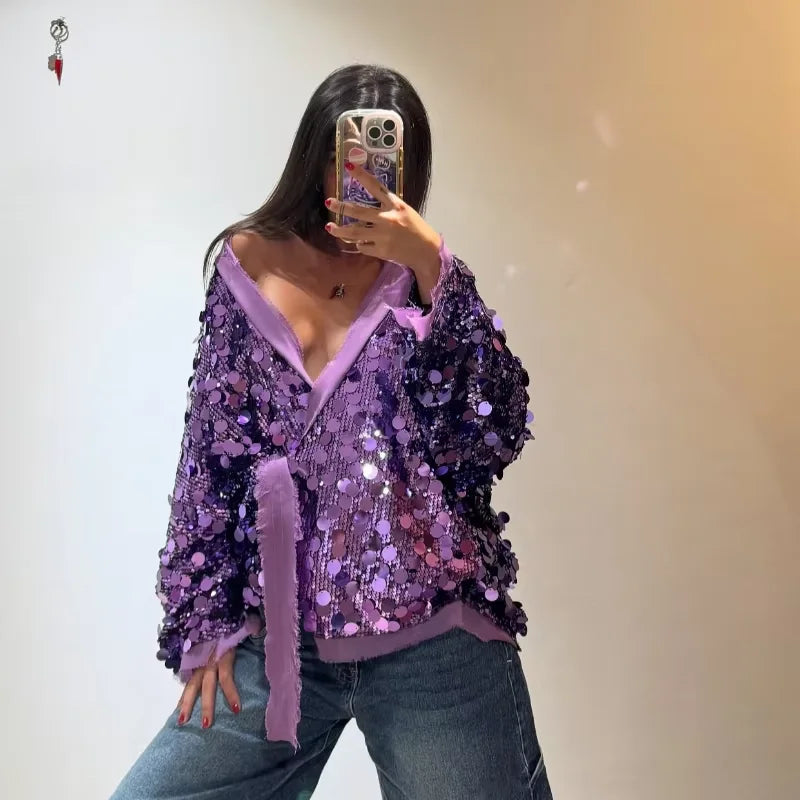 🍒Sequins bow tie jacket party long sleeve fashion short coat womens glitter party wear v-neck female long sleeve loose tops They Will SE'A Green When You Shimmer In This Winner