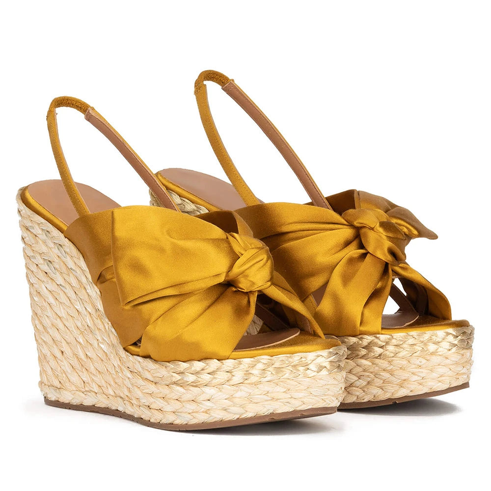 🍒Metalic bow shiny gold shoes occasion stilettoe sandals sling back thin high-heeled party wear                      🍒        High wedge platform shoe sling back open toe sandal with front bow  Gonna Get Golden Oldie Golds