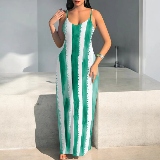 🍒Striped spaghetti strap maxi dress for holiday watercolor green & white pattern summer beach clothes for women plus size clothing S-3XL Five Stripes And Your Out-fitted