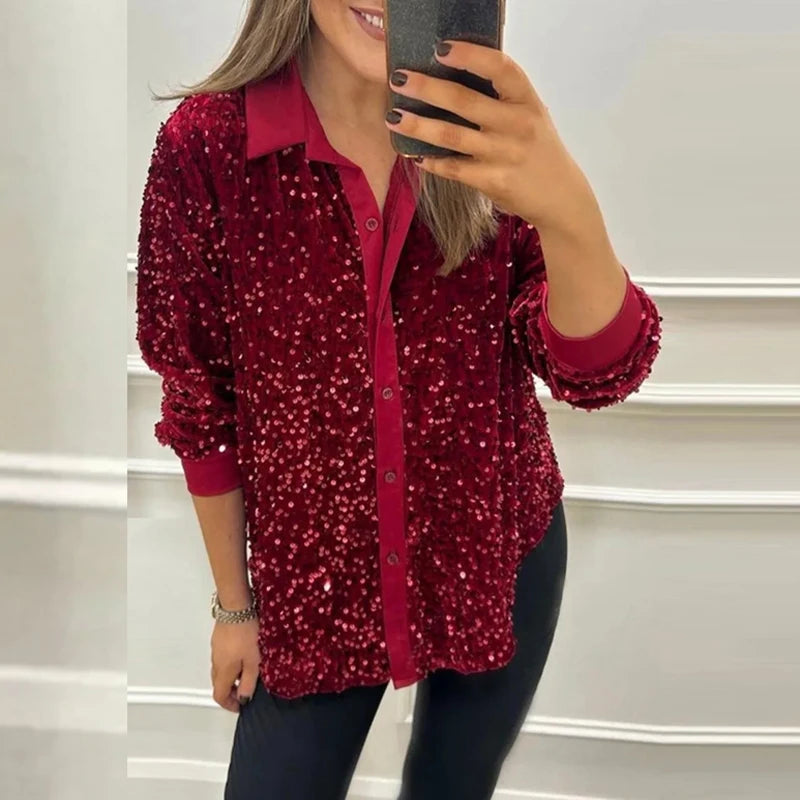 🍒Sparkly sequin blouse womens party shirt single breasted lapel long sleeve occasion wear top Glissy Gold