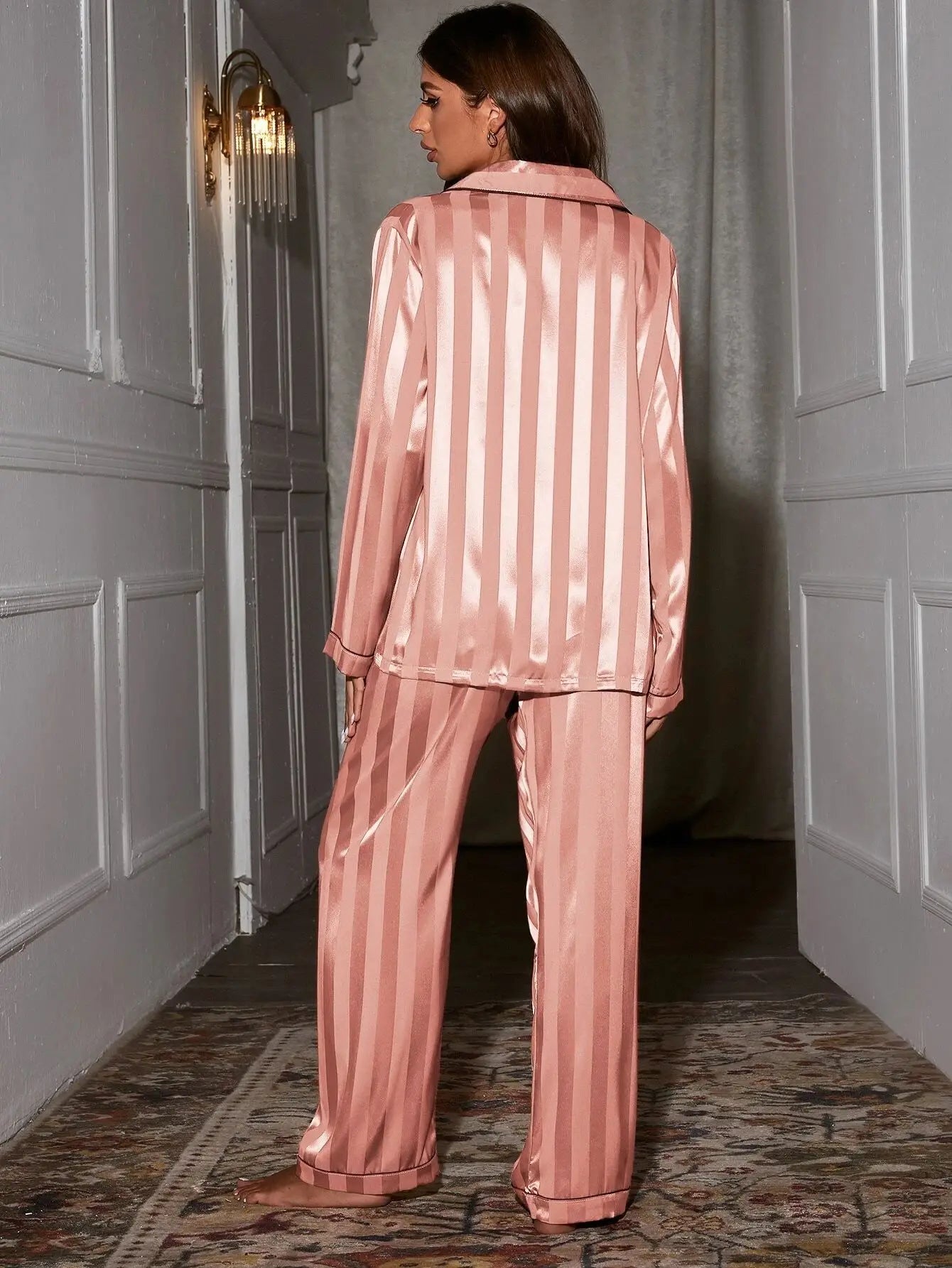 🍒Womens pyjama sets home wear pjs set two piece ice silk set long sleeved nightwear shirt and nightwear pants silky sleepwear Slip Into Slinky Silky Sleepers