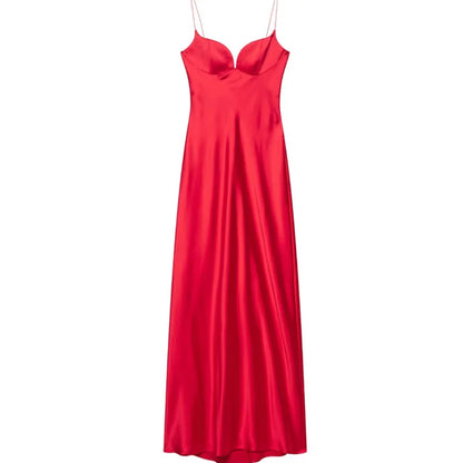 🍒Satin halter dress maxi spaghetti straps sweet heart sleeveless dress red backless  outfit for evening party wear occasion clothing red Satin Passion Fashion