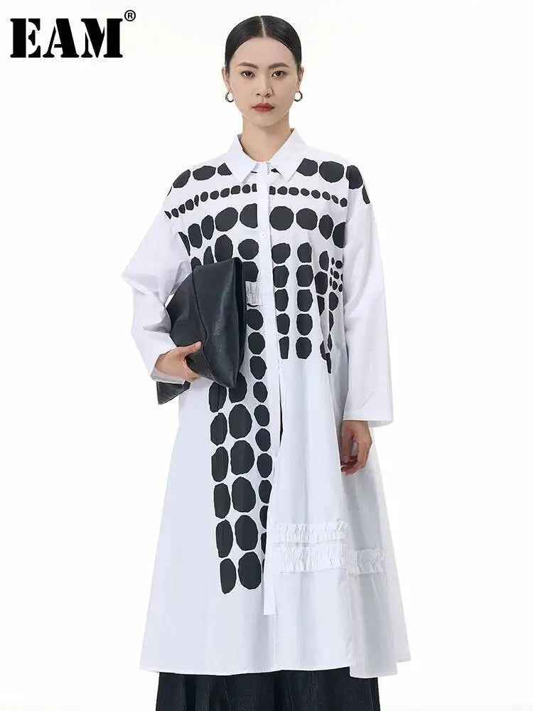 🍒Dot shirt black and white elegant plus size midi dress spring autumn fashion long sleeve fashion smart casual wear women Spot On Shirt