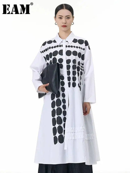 🍒Dot shirt black and white elegant plus size midi dress spring autumn fashion long sleeve fashion smart casual wear women Spot On Shirt