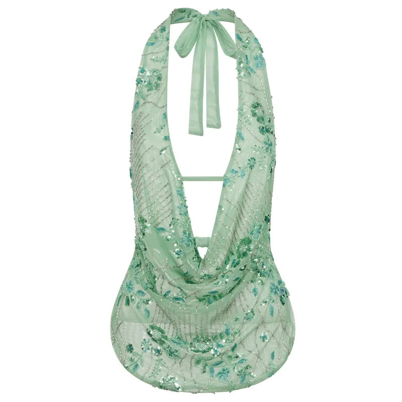 🍒Glitter sequin tops women y2k outfit fashion deep v-neck crop top backless draped front blouse beach top