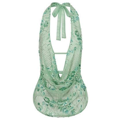 🍒Glitter sequin tops women y2k outfit fashion deep v-neck crop top backless draped front blouse beach top