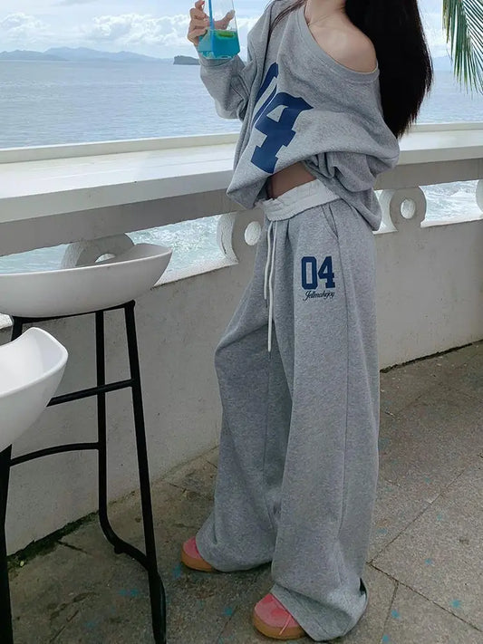 🍒Casual 2 piece sets women outfit jersey oversized pant sets  vintage letter print off shoulder tracksuit smart casual wear for women Jumbo Jerseys Justneeds