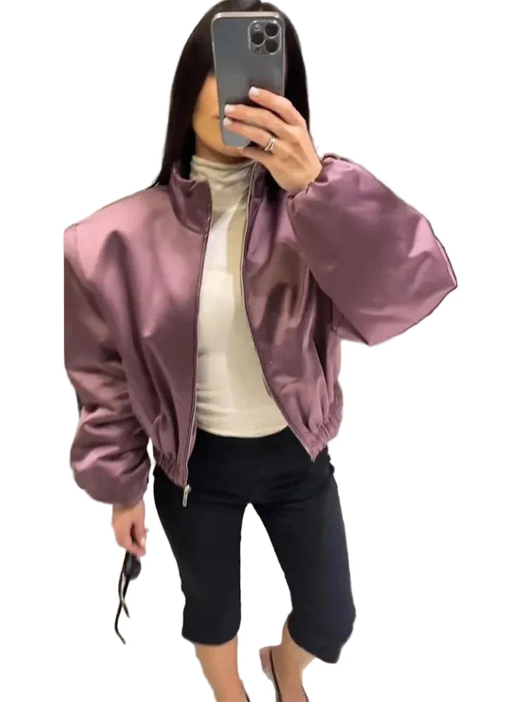🍒Long sleeve bomber jacket women zipper with stand collar outerwear short casual coat solid chic female sateen clothing fashion   Get Into Mauve