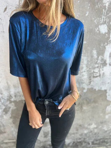 🍒Metalic loose top shiny short sleeve tee womens special occasion tops gold t-shirt o-neck fashion smart casual ladies clothes  Top 'Talic Tee